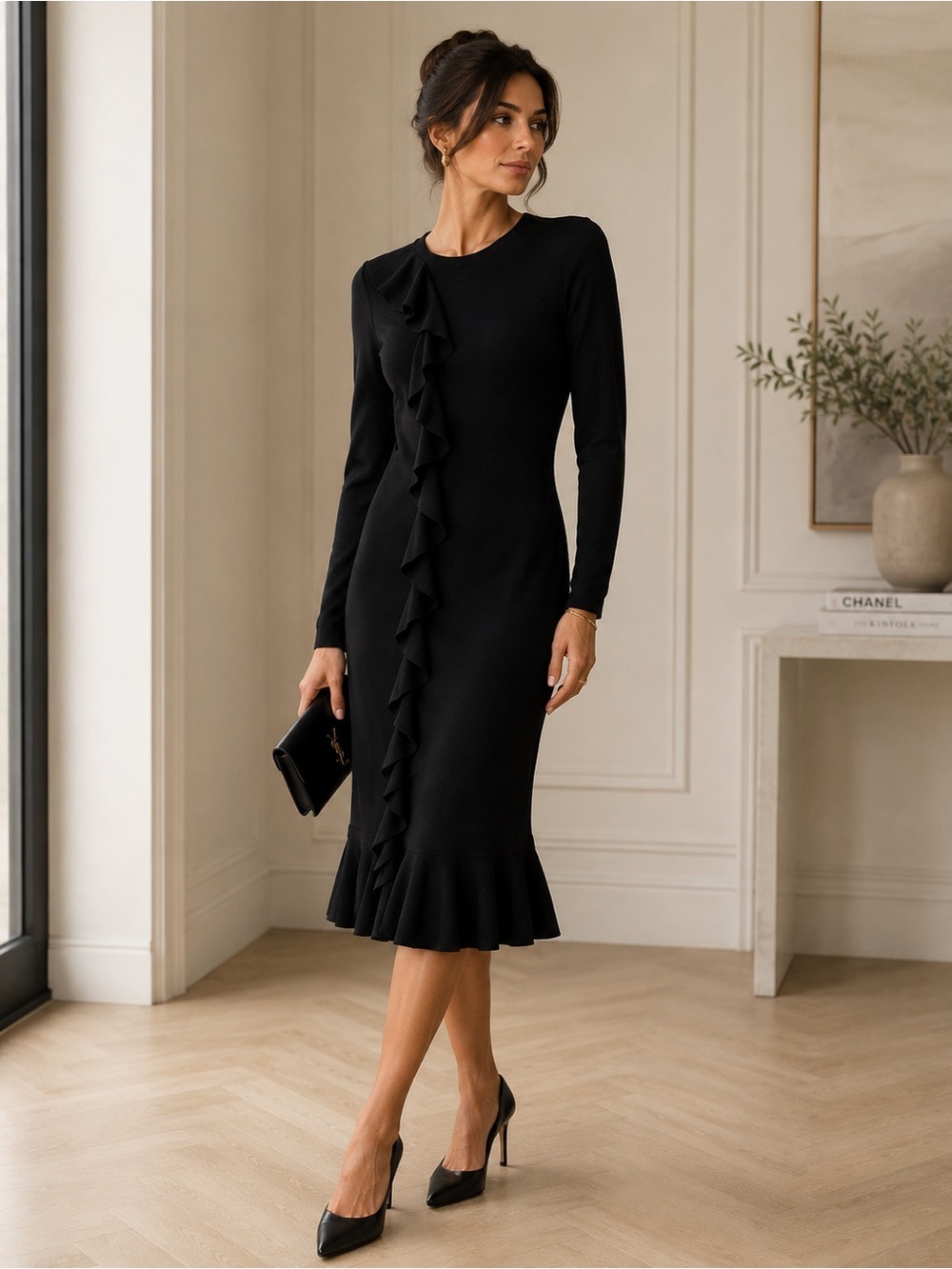Seventy Sergio Tegon Black Ruffle Knit Midi Dress Made in Italy Size 44/US 8